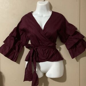 Iris Deep Burgundy Ruffle Sleeve Wrap Blouse